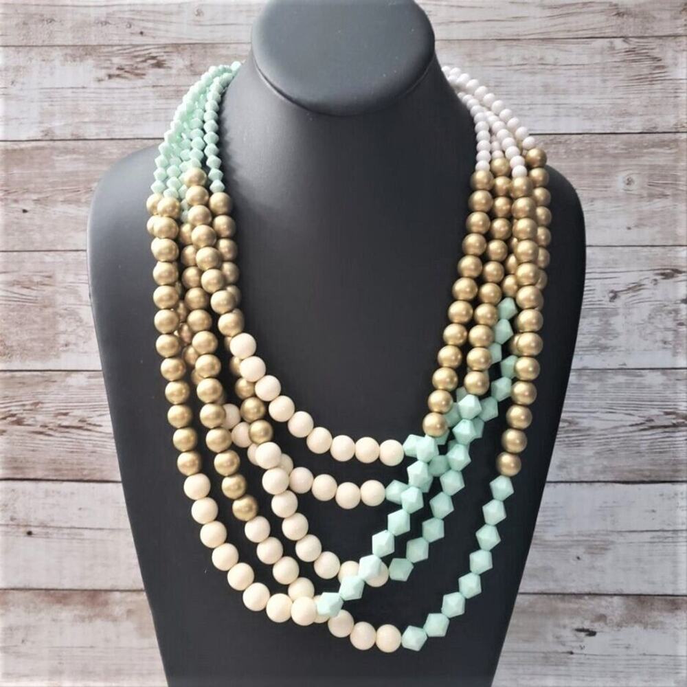 Vintage Necklace Gold Tone, Cream, Light Turquoise Statement Necklace